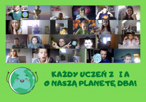 Zdjęcie uczniów klasy I a ubranych na zielono i niebiesko z okazji Dnia Ziemi.